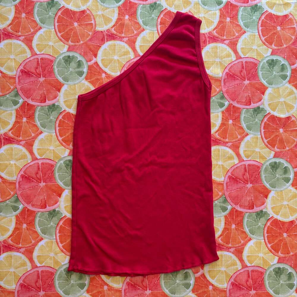 S&T Classic Red One Shoulder Asymmetric 100% Cotton Knit Tank Top Minimalist OS
